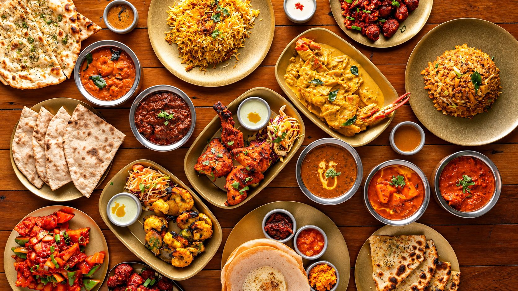 A table spread of naan, biryani, tandoori chicken, curries and hoppers