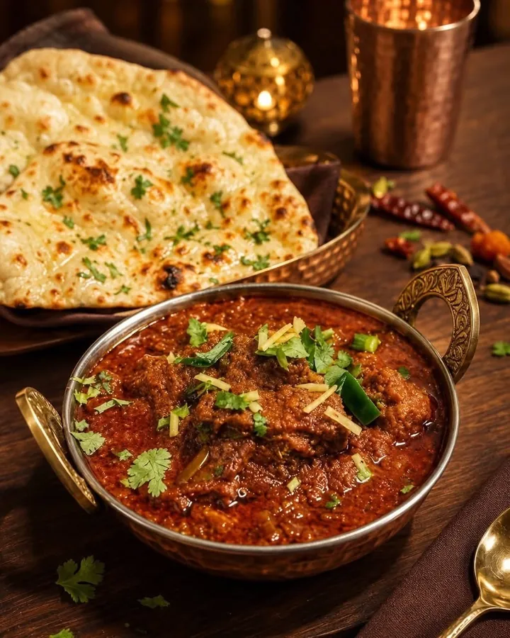 Lamb curry in a copper kadai with butter naan